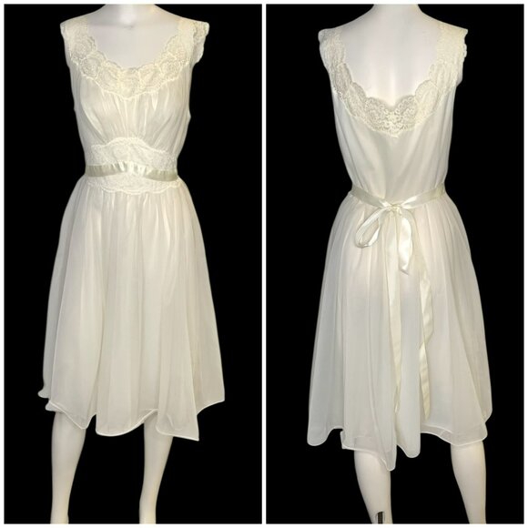 VTG Vanity Fair 60s Ivory Tricot Nylon Lace Chiffon Nightgown Peignoir Set Sz 34 - Picture 5 of 16